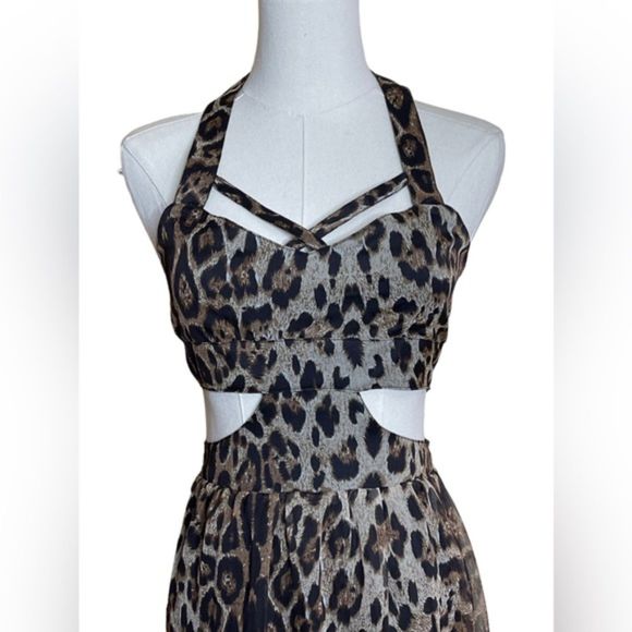 Sans Souci Leopard Print Halter Maxi Dress Cut-Out Leopard Print Size Small NEW - Picture 5 of 10